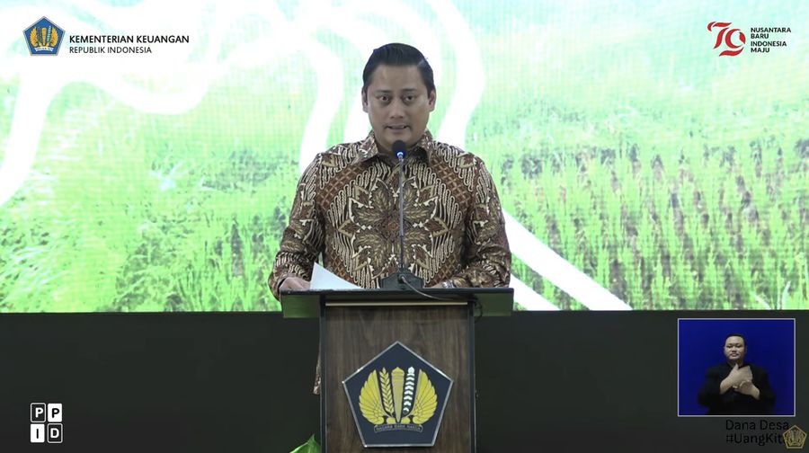 Wakil Menteri Keuangan II Thomas Aquinas Muliatna Djiwandono saat memberikan sambutan dalam Seminar KIPP Kementerian Keuangan 2024 : Transparansi Dana Desa & Pengentasan Kemiskinan. (Tangkapan Layar Youtube Kementerian Keuangan)