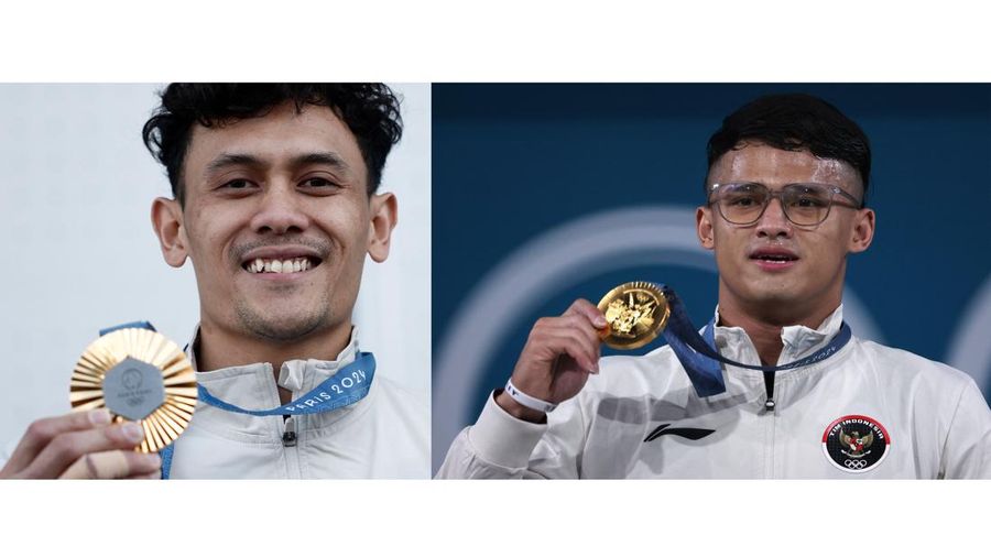 Kolase peraih medali emas Veddriq Leonardo dan Atlet angkat besi Indonesia Rizki Juniansyah yang turun di nomor 73 kg pada Olimpiade Paris 2024 sukses menyabet medali emas. (²©²ÊÍøÕ¾)