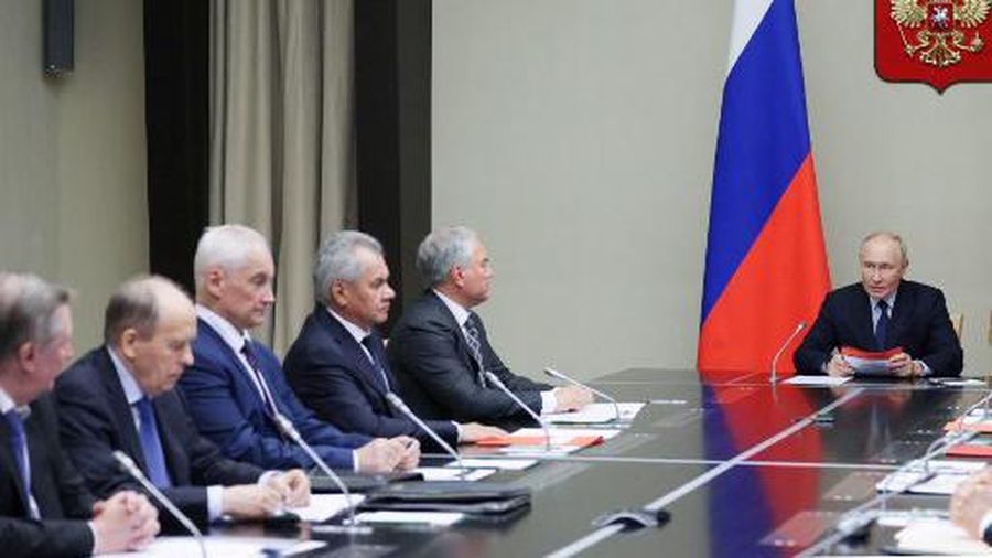 In this pool photograph distributed by Russian state owned Sputnik agency President Vladimir Putin (R) chairs a meeting with Security Council permanent members on the situation in the Kursk region, in his residence outside Moscow on August 9, 2024. Russia said Friday it was moving more troops and weapons to the western Kursk region, where Ukrainian forces have been mounting a major cross-border assault for four days. (Photo by Aleksey Babushkin / POOL / AFP) / Editor's note : this image is distributed by Russian state owned agency Sputnik