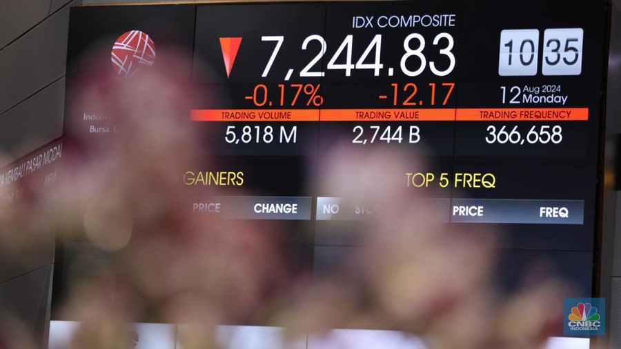 Karyawan berada di dekat layar pergerakan Indeks Harga Saham Gabungan (IHSG) di Bursa Efek Indonesia, Jakarta, Senin (12/8/2024). (վ/Tri Susilo)
