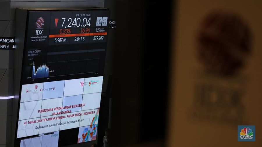Karyawan berada di dekat layar pergerakan Indeks Harga Saham Gabungan (IHSG) di Bursa Efek Indonesia, Jakarta, Senin (12/8/2024). (CNBC Indonesia/Tri Susilo)
