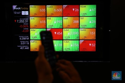 Karyawan berada di dekat layar pergerakan Indeks Harga Saham Gabungan (IHSG) di Bursa Efek Indonesia, Jakarta, Senin (12/8/2024).