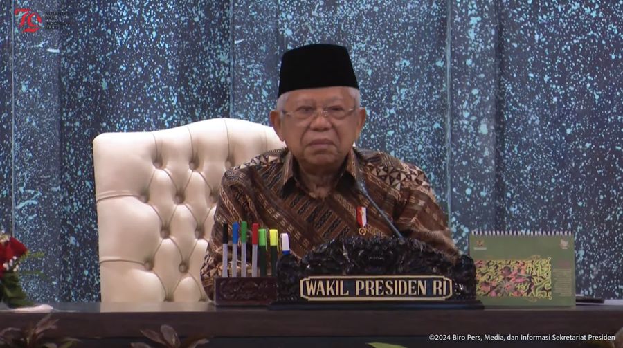Wakil Presiden RI Ma'ruf Amin saat pada Rapat Sidang Kabinet Perdana di IKN, Senin, (12/8/2024). (Tangkapan Layar Youtube Sekretariat Presiden)