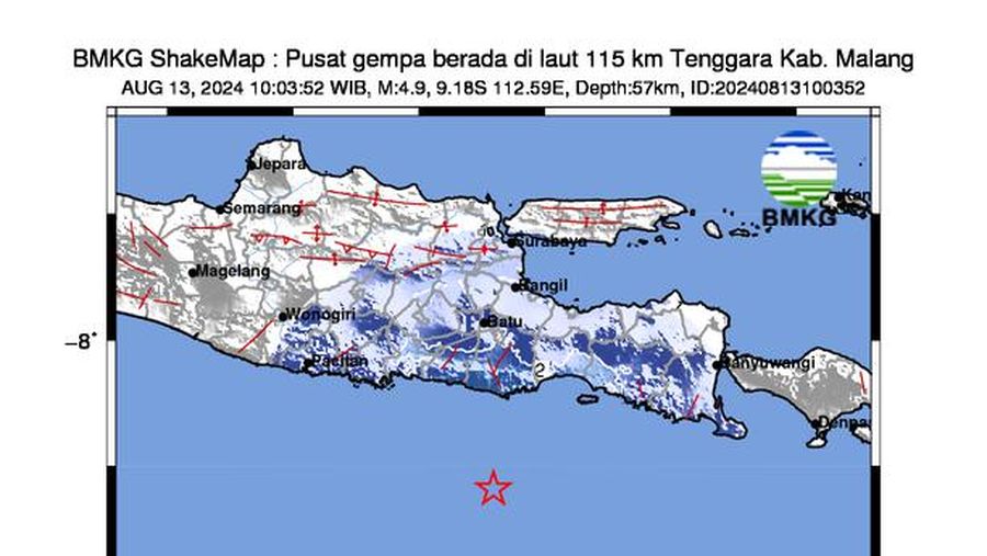Gempa bumi mengguncang Kab. Malang dengan magnitudo 4,9 M dengan Kedalaman 57 Km. (X @infoBMKG)