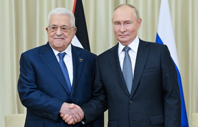 Russian President Vladimir Putin attends a meeting with Palestinian President Mahmoud Abbas outside Moscow, Russia August 13, 2024. Sputnik/Alexey Maishev/Pool via REUTERS ATTENTION EDITORS - THIS IMAGE WAS PROVIDED BY A THIRD PARTY.