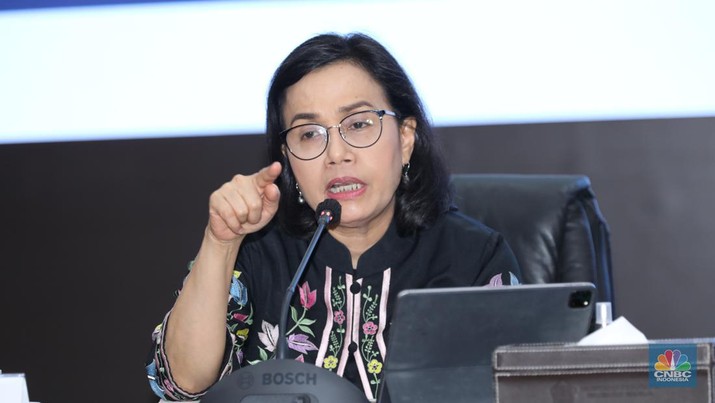 Menteri Keuangan Sri Mulyani memberikan keterangan dalam Konferensi Pers APBN KITA di kantor Kementerian Keuangan, Jakarta, Selasa (13/8/2024). (CNBC Indonesia/Tri Susilo)