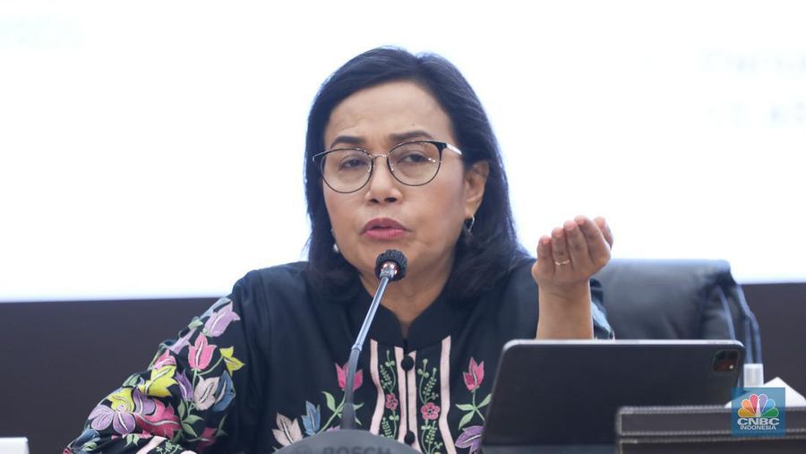 Menteri Keuangan Sri Mulyani memberikan keterangan dalam Konferensi Pers APBN KITA di kantor Kementerian Keuangan, Jakarta, Selasa (13/8/2024). (CNBC Indonesia/Tri Susilo)