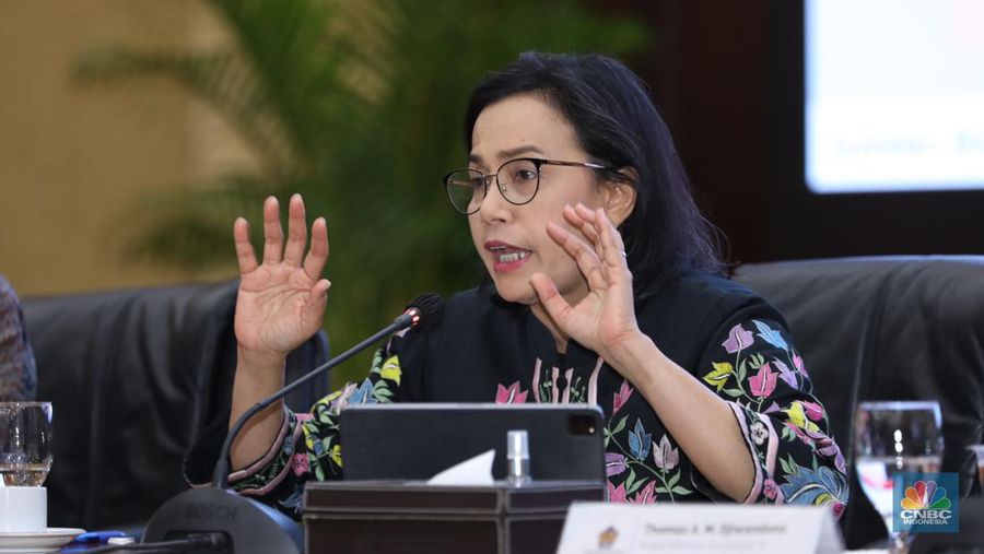 Menteri Keuangan Sri Mulyani memberikan keterangan dalam Konferensi Pers APBN KITA di kantor Kementerian Keuangan, Jakarta, Selasa (13/8/2024). (CNBC Indonesia/Tri Susilo)