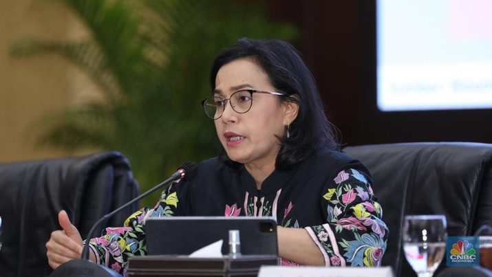 Menteri Keuangan Sri Mulyani memberikan keterangan dalam Konferensi Pers APBN KITA di kantor Kementerian Keuangan, Jakarta, Selasa (13/8/2024). (CNBC Indonesia/Tri Susilo)