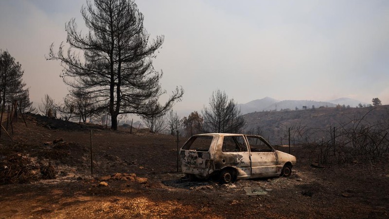 Sebuah bangunan sekolah menengah atas dan pusat kebugarannya terlihat terbakar saat kebakaran hutan melanda Nea Penteli, dekat Athena, Yunani, 12 Agustus 2024. (REUTERS/Alexandros Avramidis)