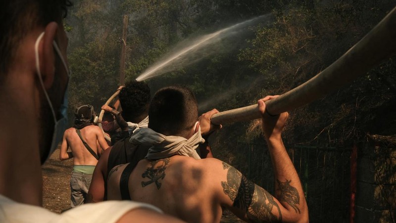 Sebuah bangunan sekolah menengah atas dan pusat kebugarannya terlihat terbakar saat kebakaran hutan melanda Nea Penteli, dekat Athena, Yunani, 12 Agustus 2024. (REUTERS/Alexandros Avramidis)