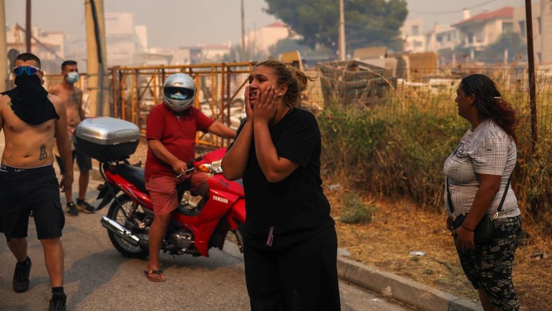 Sebuah bangunan sekolah menengah atas dan pusat kebugarannya terlihat terbakar saat kebakaran hutan melanda Nea Penteli, dekat Athena, Yunani, 12 Agustus 2024. (REUTERS/Alexandros Avramidis)
