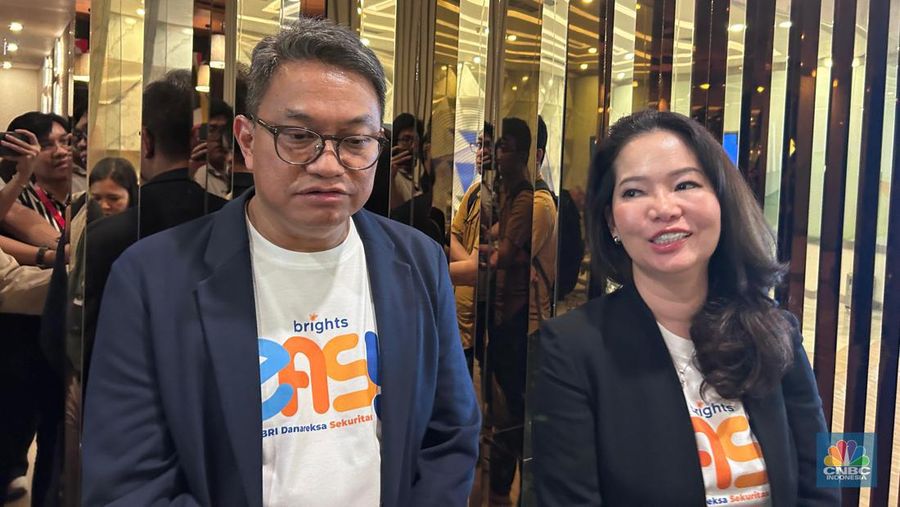 Dirut BRIDS Laksono Widodo dan Direktur Retail & IT BRIDS Fifi Virgantria di Gedung BRI, Rabu (14/8/2024). (CNBC Indonesia/Zefanya Aprilia)