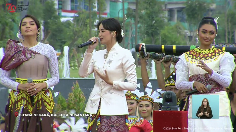 Pasangan artis Thariq Halilintar dan Aaliyah Massaid menjadi salah satu yang ikut menghadiri Upacara HUT RI ke-79 di Ibu Kota Nusantara, Sabtu (17/8/2024). (Tangkapan Layar Youtube Sekretariat Presiden)