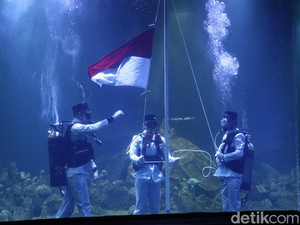 Meriahkan HUT RI ke-79, Akuarium Indonesia Gelar Upacara di Dalam Air