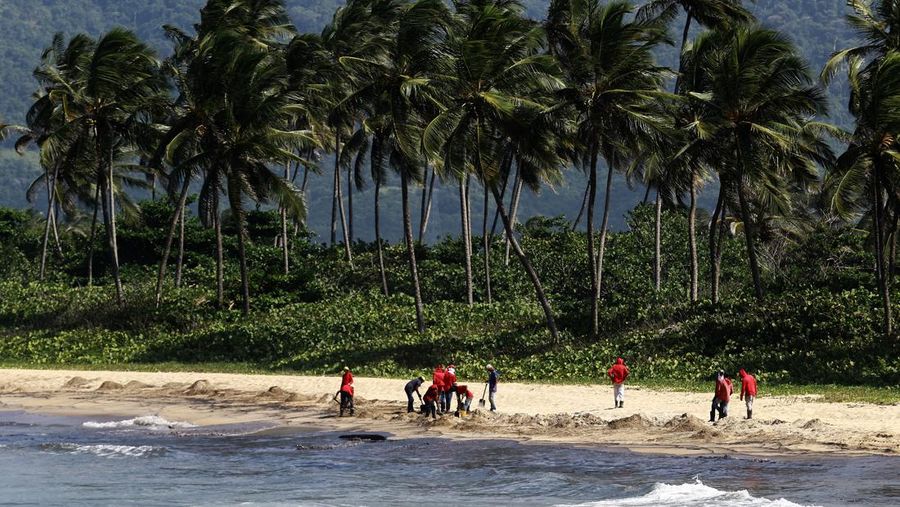 Tumpahan minyak terlihat di laut dan menutupi bebatuan di pantai dekat kilang minyak negara Venezuela PDVSA El Palito, di Boca de Aroa, Venezuela 16 Agustus 2024. (REUTERS/Juan Carlos Hernandez)