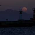 Seorang pria mengambil foto bulan super, yang dikenal sebagai Bulan Biru, saat terbit di atas mercusuar di pelabuhan Kalk Bay di Cape Town, Afrika Selatan, 19 Agustus 2024. (REUTERS/Esa Alexander)