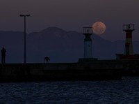 Seorang pria mengambil foto bulan super, yang dikenal sebagai Bulan Biru, saat terbit di atas mercusuar di pelabuhan Kalk Bay di Cape Town, Afrika Selatan, 19 Agustus 2024. (REUTERS/Esa Alexander)