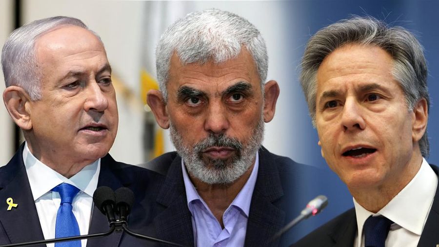 Foto Kolase PM Israel, Benjamin Netanyahu, Pemimpin Hamas, Yahya Sinwar, Menlu AS, Antony Blinken. (AP Photo)