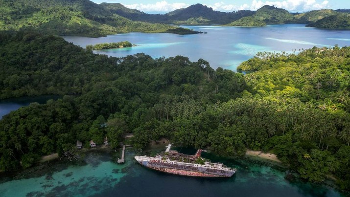 Sebuah kapal pesiar MS World Discoverer yang terbengkalai di garis pantai Teluk Roderick, Kepulauan Nggela, Kepualauan Solomon kini menjadi objek wisata yang populer. (Saeed KHAN / AFP)