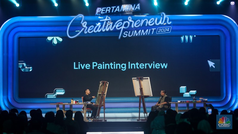 Presiden keenam Republik Indonesia (RI) Susilo Bambang Yudhoyono (SBY) saat menghadiri acara Pertamina Creativepreneur Summit 2024 di akarta Convention Center (JCC), Senayan, Jakarta, Minggu (25/8/2024). (CNBC Indonesia/Faisal Rahman)