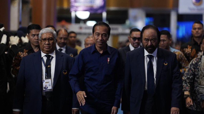 Presiden Joko Widodo (Jokowi) resmi membuka Kongres ke III Partai NasDem yang berlangsung di Jakarta Convention Center (JCC) Jakarta Pusat, Minggu (25/8/2024). (X @NasDem)