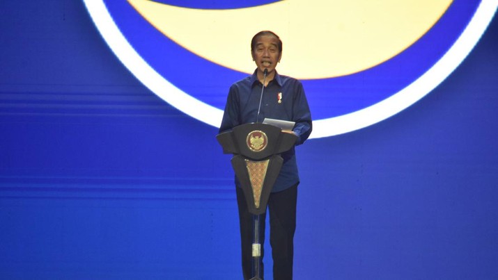 Presiden Joko Widodo (Jokowi) resmi membuka Kongres ke III Partai NasDem yang berlangsung di Jakarta Convention Center (JCC) Jakarta Pusat, Minggu (25/8/2024). (X @NasDem)