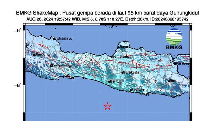 Gempa dengan magnitudo (M) 5,8 mengguncang Daerah Istimewa Yogyakarta, Senin (26/8/2024). (Dok. BMKG)