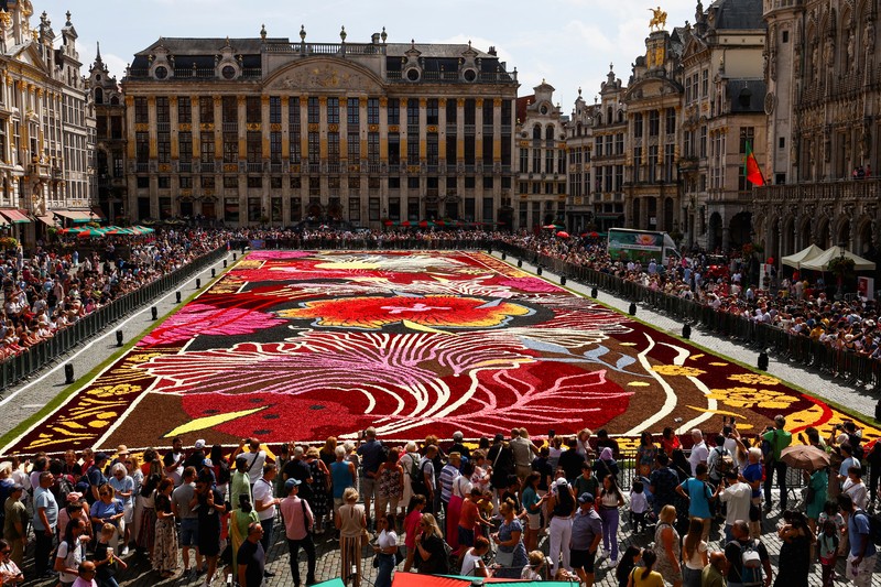 Karpet bunga bertema ''Art Nouveau'' seluas 1.680 meter persegi, dibuat oleh tim yang terdiri dari sekitar 100 tukang kebun menggunakan ratusan ribu dahlia dan begonia, terlihat di Grand Place Brussels, Belgia, 15 Agustus 2024. (REUTERS/Yves Herman)