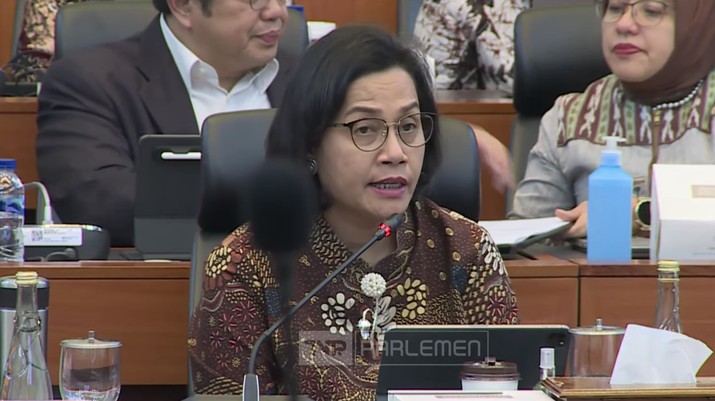 Menteri Keuangan (Menkeu), Sri Mulyani Indrawati dalam rapat kerja dengan Badan Anggaran DPR RI. (Tangkapan Layar Youtube TVR Parlemen)