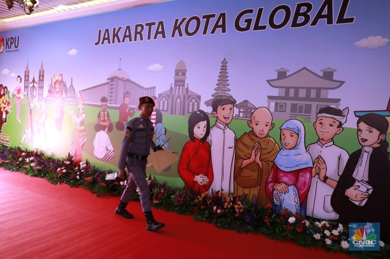 Suasana Kantor Komisi Pemilihan Umum (KPU) Provinsi DKI Jakarta di Jalan Salemba Raya Nomor 15 Paseban, Senen, Jakarta (27/8/2024). (CNBC Indonesia/Muhammad Sabki)