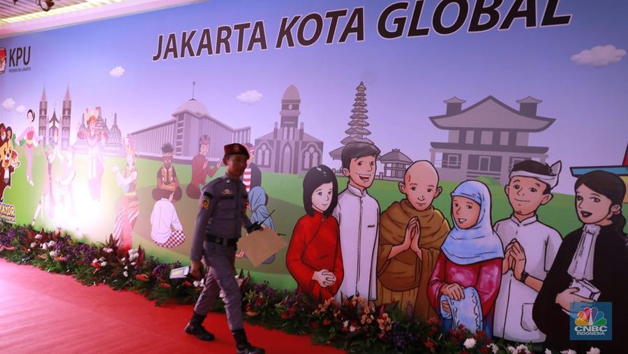 Suasana Kantor Komisi Pemilihan Umum (KPU) Provinsi DKI Jakarta di Jalan Salemba Raya Nomor 15 Paseban, Senen, Jakarta (27/8/2024). (CNBC Indonesia/Muhammad Sabki)