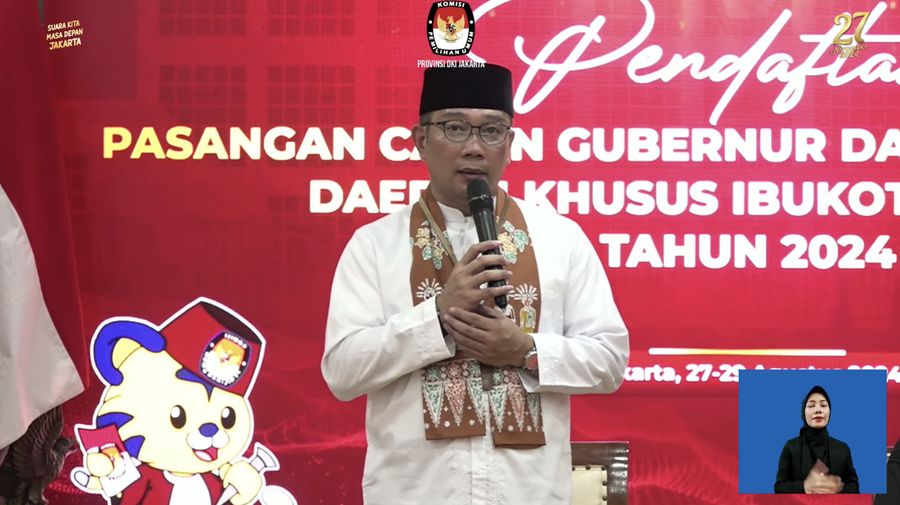Calon Gubernur DKI Jakarta, Ridwan Kamil memberikan sambutan saat melakukan pendaftaran Pasangan Calon Gubernur & Wakil Gubernur Daerah Khusus Ibu Kota Jakarta Tahun 2024 di kantor KPU Provinsi DKI Jakrata, Jalan Salemba Raya, Jakarta, Rabu (28/8/2024). (Tangkapan layar youtube KPU DKI Jakarta)