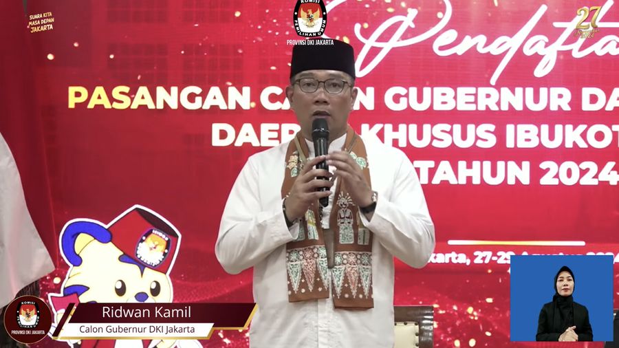 Calon Gubernur DKI Jakarta, Ridwan Kamil memberikan sambutan saat melakukan pendaftaran Pasangan Calon Gubernur & Wakil Gubernur Daerah Khusus Ibu Kota Jakarta Tahun 2024 di kantor KPU Provinsi DKI Jakrata, Jalan Salemba Raya, Jakarta, Rabu (28/8/2024). (Tangkapan layar youtube KPU DKI Jakarta)