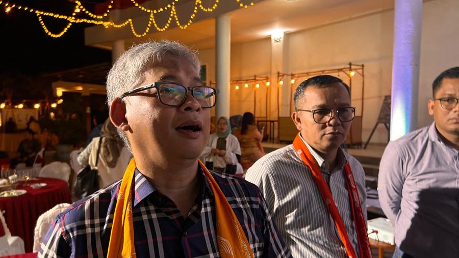 Direktur Austindo Nusantara Jaya Mohammad Fitriyansyah dan Direktur Utama Sahabat Mewah dan Makmur Juli Wankara Purba di Diskusi Kontribusi Sawit Untuk APBN, Belitung, Selasa (27/8/2024). (վ/Zefanya Aprilia)
