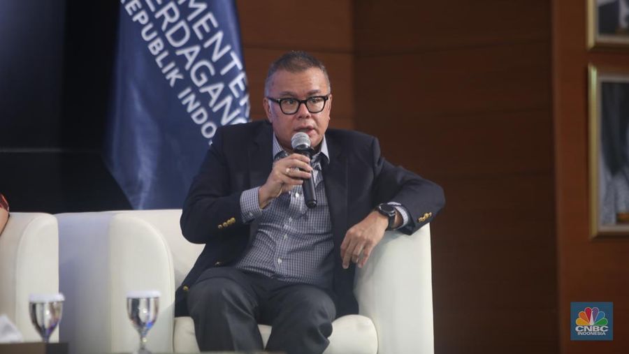 Staf Khusus Menteri Perdagangan Bidang Perjanjian Perdagangan Internasional Kementerian Perdagangan RI, Bara Krishna Hasibuan menyampaikan pemaparan dalam acara Trade Corner Special Dialogue di Auditorium Gedung Kementerian Perdagangan, Jakarta, Kamis (29/8/2024). (CNBC Indonesia/Faisal Rahman)