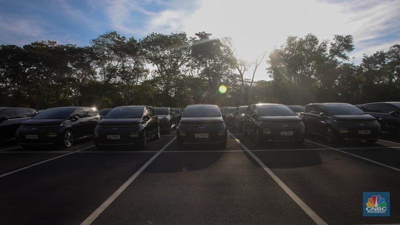 Petugas melihat mobil listrik yang terparkir di area Central Park ITDC Nusa Dua, Badung, Bali, Jumat (30/5/2024). (CNBC Indonesia/Faisal Rahman)