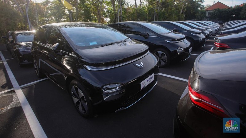 Petugas melihat mobil listrik yang terparkir di area Central Park ITDC Nusa Dua, Badung, Bali, Jumat (30/5/2024). (CNBC Indonesia/Faisal Rahman)