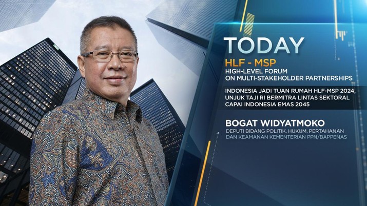 Deputi Bidang Politik, Hukum, Pertahanan dan Keamanan Kementerian PPN/Bappenas, Bogat Widyatmoko dalam High-Level Forum on Multi Stakeholder Partnership (HLF-MSP) 2024. (CNBC Indonesia TV)