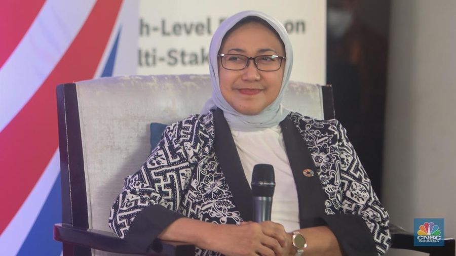 Deputi Bidang Kemaritiman dan Sumber Daya Alam Kementerian Kementerian PPN/Bapenas, Vivi Yulaswati saat sesi wawancara di Bali International Convention Center, Nusa Dua, Bali, Minggu (1/9/2024). (CNBC Indonesia/Faisal Rahman)
