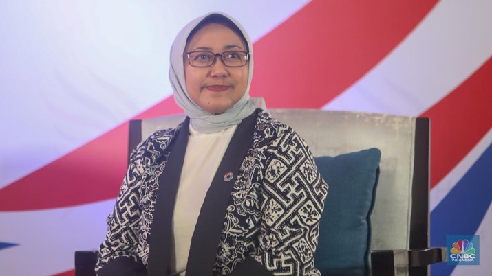 Deputi Bidang Kemaritiman dan Sumber Daya Alam Kementerian Kementerian PPN/Bapenas, Vivi Yulaswati saat sesi wawancara di Bali International Convention Center, Nusa Dua, Bali, Minggu (1/9/2024). (CNBC Indonesia/Faisal Rahman)