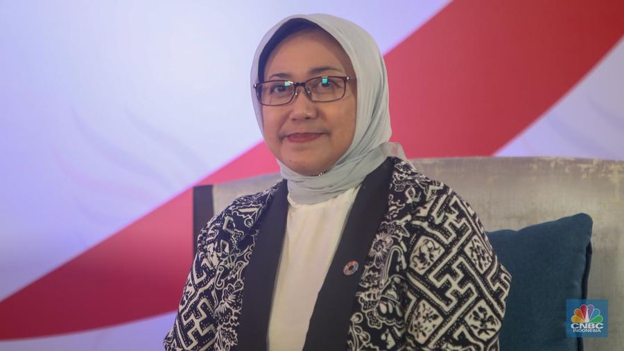 Deputi Bidang Kemaritiman dan Sumber Daya Alam Kementerian Kementerian PPN/Bapenas, Vivi Yulaswati saat sesi wawancara di Bali International Convention Center, Nusa Dua, Bali, Minggu (1/9/2024). (CNBC Indonesia/Faisal Rahman)