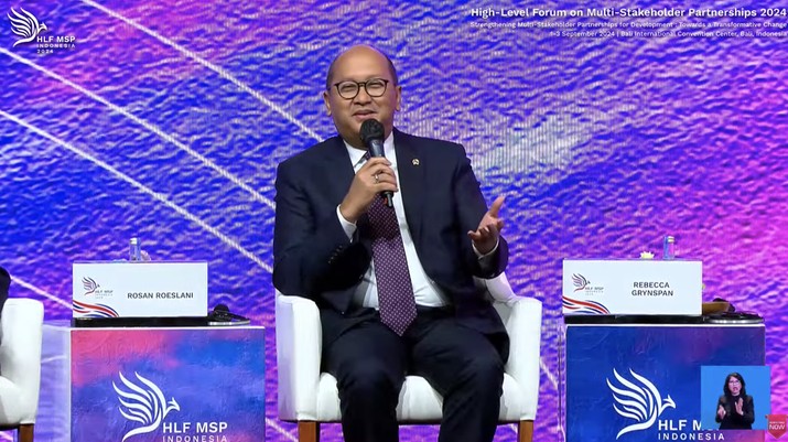 Menteri Investasi/Kepala Badan Koordinasi Penanaman Modal (BKPM), Rosan Roeslani dalam pertemuan Multi Stakeholder Partnership (HLF-MSP) 2024 dan Forum Indonesia-Africa (IAF) ke-2. (Tangkapan Layar Youtube Bappenas RI)