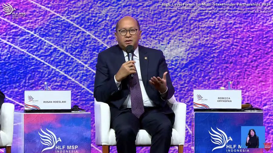Menteri Investasi/Kepala Badan Koordinasi Penanaman Modal (BKPM), Rosan Roeslani dalam pertemuan Multi Stakeholder Partnership (HLF-MSP) 2024 dan Forum Indonesia-Africa (IAF) ke-2. (Tangkapan Layar Youtube Bappenas RI)