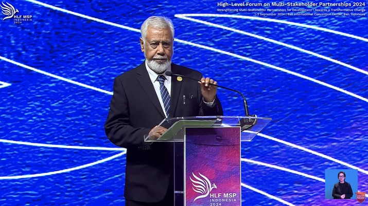 Perdana Menteri Timor Leste Xanana Gusmao dalam acara High-Level Forum on Multi-Stakeholder Partnerships (HLF-MSP) 2024 dan Indonesia-Africa Forum II di Hotel Mulia, Nusa Dua, Bali, Senin (2/9/2024). (Tangkapan Layar Youtube Bappenas RI)