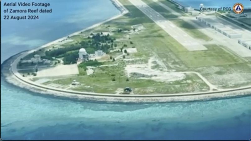 In this Aug. 22 frame grab from handout video provided by the Philippine Coast Guard, structures on the Chinese occupied Subi reef, locally called Zamora reef are seen at the disputed waters of the South China Sea.(Philippine Coast Guard via AP)