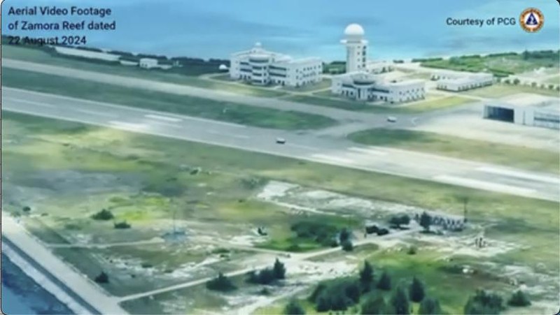 In this Aug. 22 frame grab from handout video provided by the Philippine Coast Guard, structures on the Chinese occupied Subi reef, locally called Zamora reef are seen at the disputed waters of the South China Sea.(Philippine Coast Guard via AP)