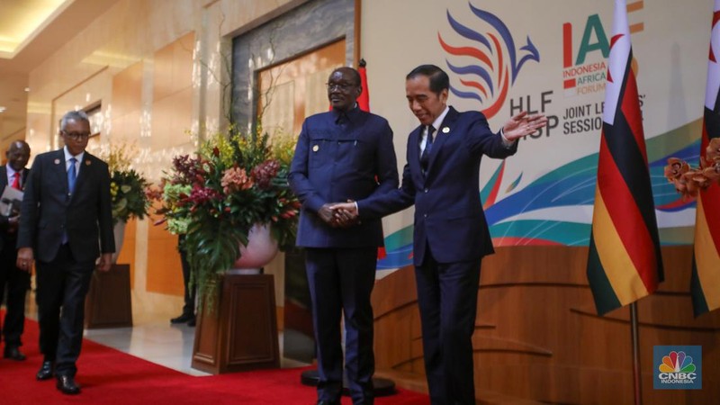 Presiden Joko Widodo dan Wakil Presiden Zimbabwe, Kembo Champbell Dugishi Mohadi berjabat tangan sebelum pertemuan bilateral dalam acara High-Level Forum on Multi-Stakeholder Partnerships (HLF-MSP) 2024 dan Indonesia-Africa Forum II di Hotel Mulia, Nusa Dua, Bali, Senin (2/9/2024). (CNBC Indonesia/Faisal Rahman)