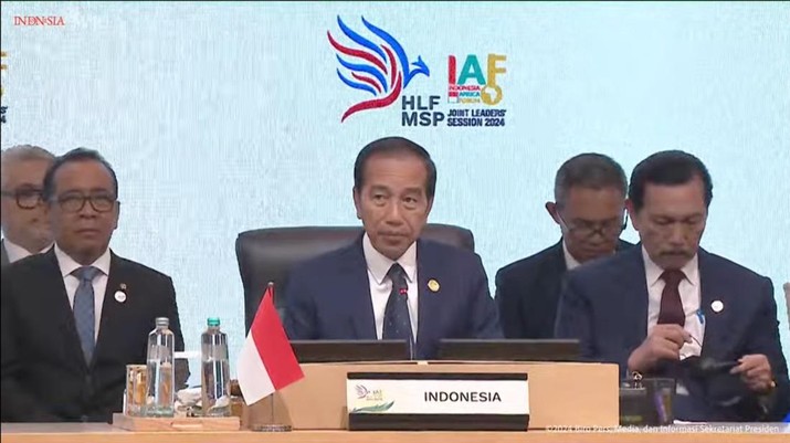 Presiden Joko Widodo memberikan sambutan dalam acara pembukaan Multi Stakeholder Partnership (HLF-MSP) 2024 dan Forum Indonesia-Africa (IAF) ke-2. (Tangkapan Layar Youtube Sekretariat Presiden)