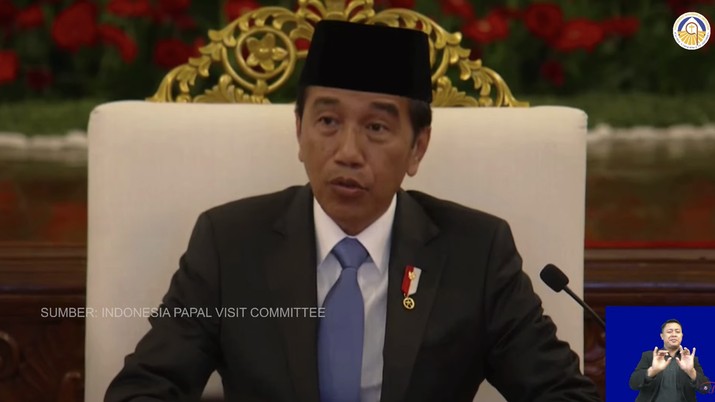 Presiden Joko Widodo saat menerima kunjungan Paus Fransiskus di Istana Merdeka, Jakarta, Rabu (4/9/2024). (Tangkapan Layar Youtube KOMSOS KWI)